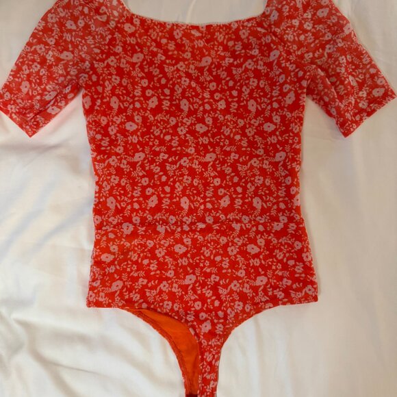 Elodie Orange Floral Mesh Wrap Bodysuit (M) – Stretchy Form-Fitting - Picture 12 of 16
